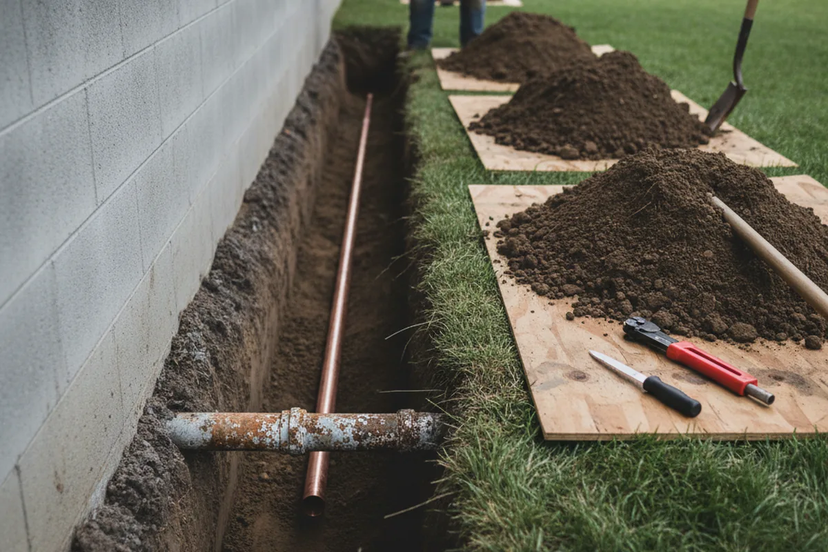 Excavated water line trench during Water Softener Installation in West Jordan